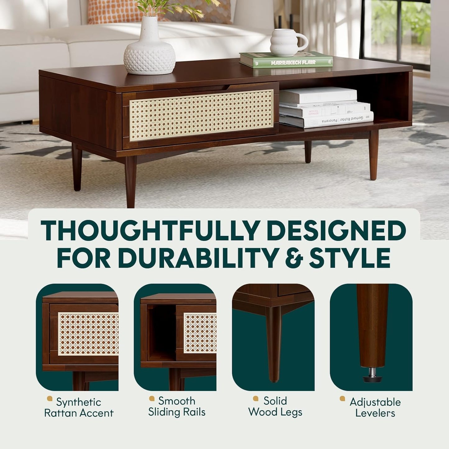 Bme Oliver Coffee Table, Mid Century Modern Coffee Table, Side Table with Storage, 2 Drawers & Open Compartments, Solid Wood Legs with Adjustable Levelers, Rattan Accent for Living Room, Walnut