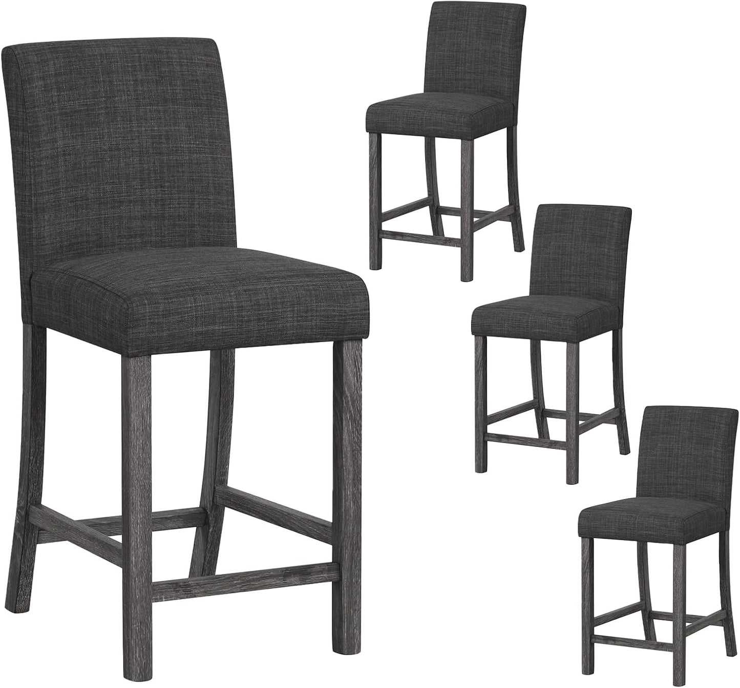COSTWAY Upholstered Counter Height Stools Set of 4, Bar Stools w/Ergonomic Backrest, Solid Wood Frame, 24.5” Fabric Counter Height Chairs for Kitchen Island, Dining Room, Pub (Grey)