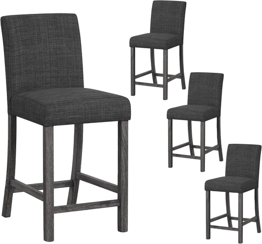 COSTWAY Upholstered Counter Height Stools Set of 4, Bar Stools w/Ergonomic Backrest, Solid Wood Frame, 24.5” Fabric Counter Height Chairs for Kitchen Island, Dining Room, Pub (Grey)