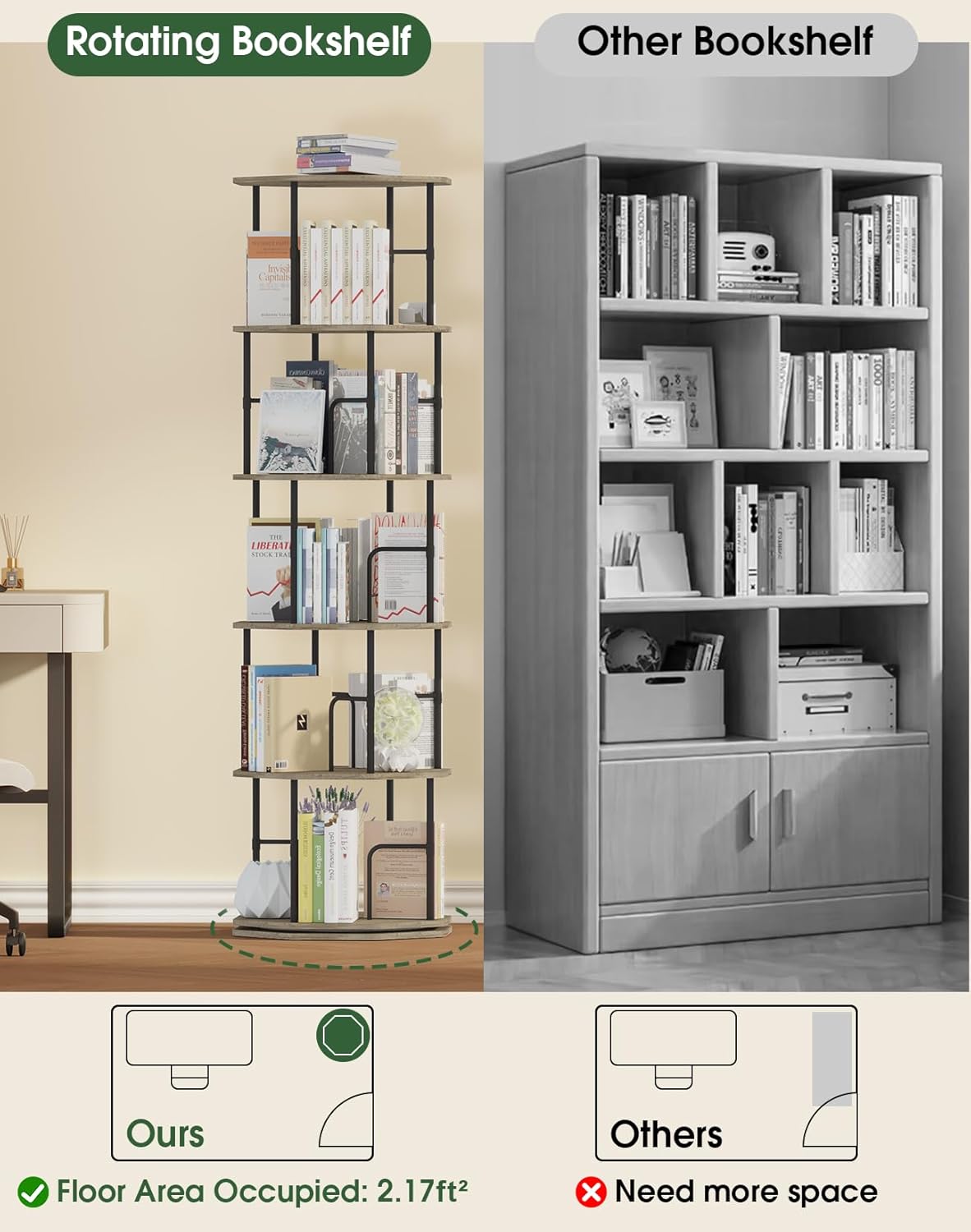 5 Tier Rotating Bookshelf, 360 Display Round Spinning Bookshelf Tower for Kids Room, Corner Shelf for Living Room, Office, Bedroom, Black