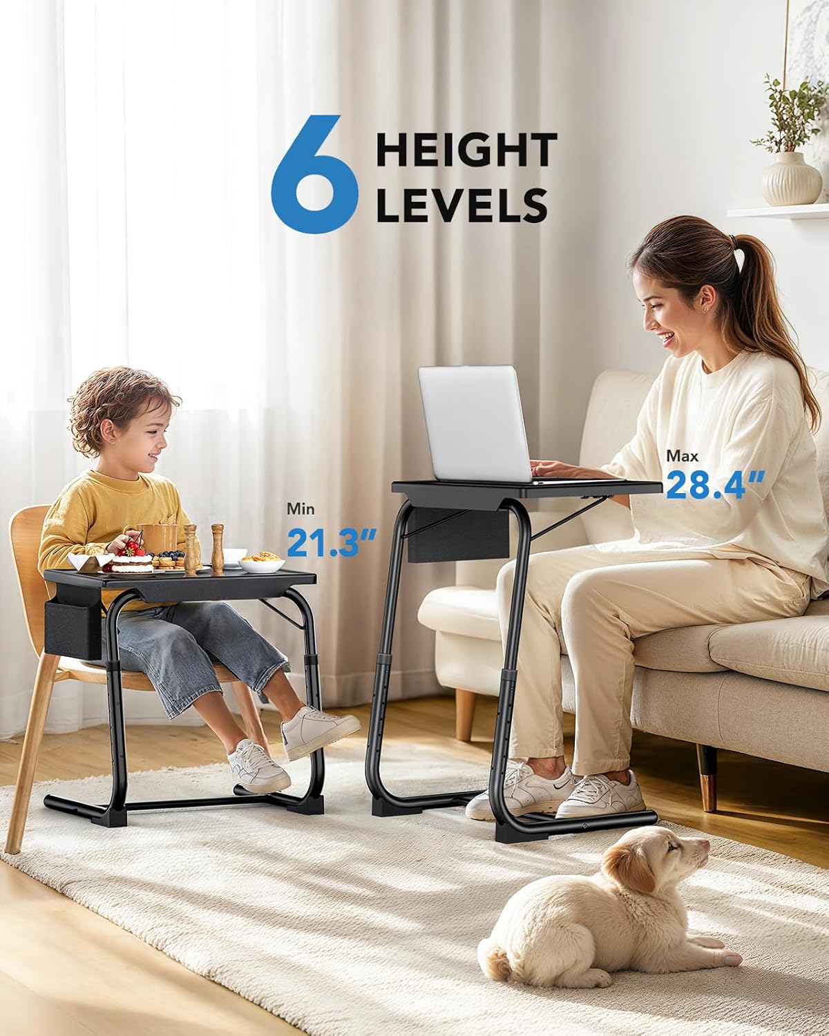 HUANUO TV Tray, Adjustable TV Dinner Tray, 20.5 x 15.4 inch Folding Tray Table with Storage Pocket, 6 Height Settings, 3 Angle Adjustments, Comfortable Tray Tables for Bed & Sofa, HNTT04B