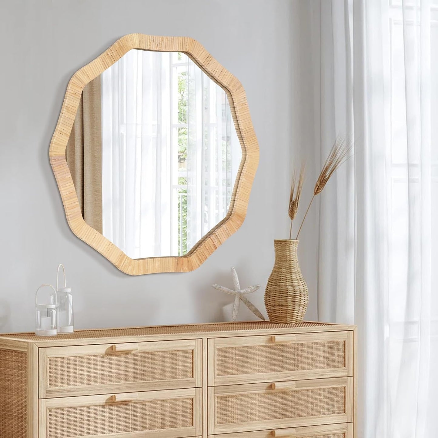 ULIKE Rattan Mirror for Wall, Bathroom 24 Inch Rustic Farmhouse Wall Decor with Handmade Wicker Frame, Boho Woven Mirror for Nursery Bedroom Living Room Entryway