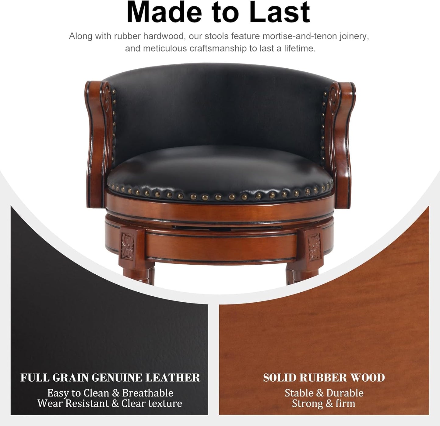 CozyRain Bar Stools Rubber Wood Counter Height Bar Stool Leather Upholstered Swivel Barstools with Back & Footrest for Home,Kitchen,Counter,Dining Room (Black, Seat Height 29.5 in)