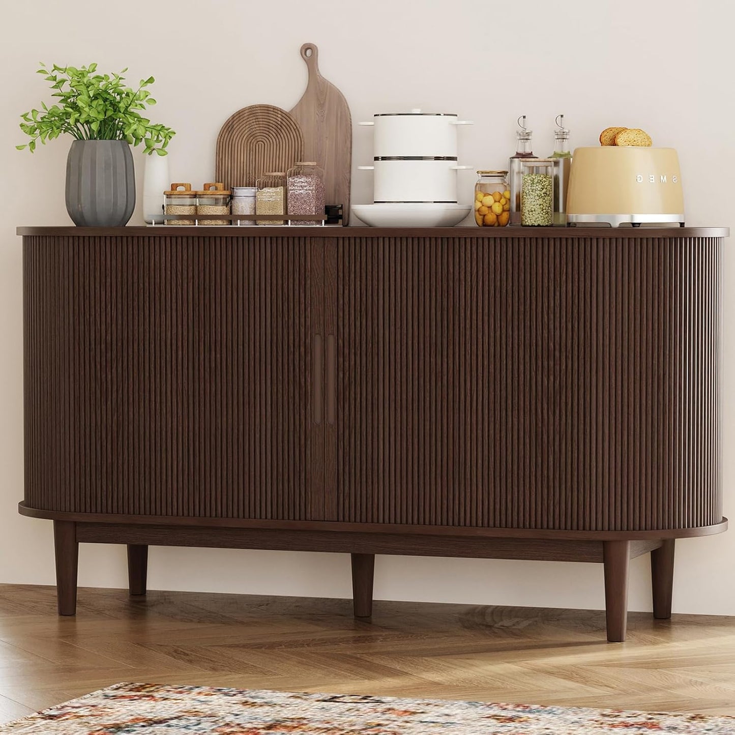 LINSY HOME Sideboard Buffet Cabinet with Storage, 55" Fluted Coffee Bar Cabinet with Tambour Sliding Doors and Drawer, Mid Century Modern Wood Storage Buffet Table for Kitchen, Vintage Walnut