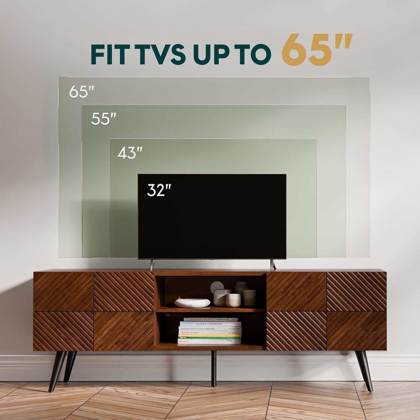 Bme Rhombus Wooden TV Stand with Storage Cabinets – Solid Acacia Wood, Geometric Rhombus Pattern Doors, Scandinavian Modern Entertainment Console with Metal Base