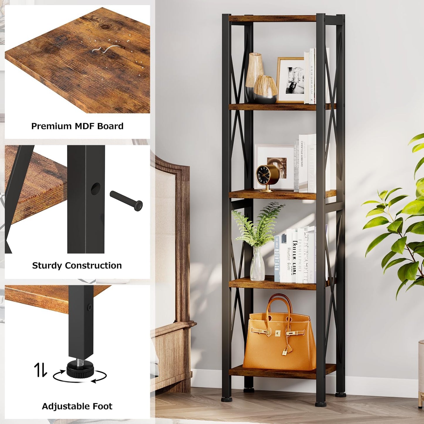 Homeiju 5-Tier Narrow Bookshelf, Ladder Bookshelf, Tall Bookshelf for Bedroom with Open Shelves, Office Bookshelf, Industrial Standing Bookshelf for Bedroom, Living Room and Home Office