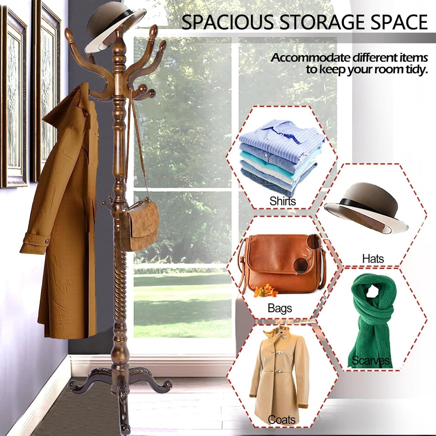 Coat Racks Free Standing with 11 Hooks, Natural Wood Coat Stands for Entryway, Adjustable Height 74 in Tree Coat Rack Stand for Hallway Home Office Bedroom (Brown Triangle)