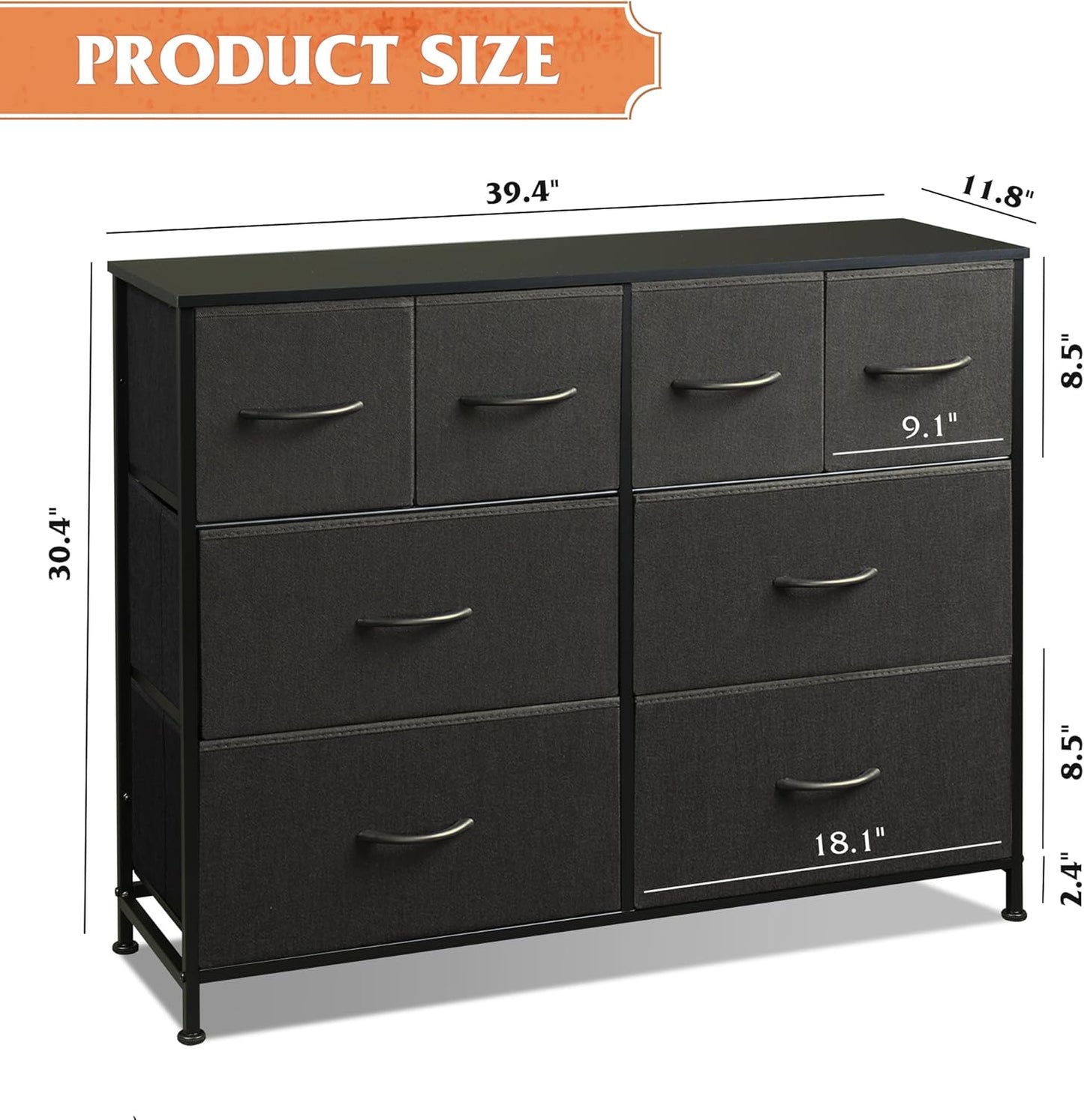 WLIVE Dresser for Bedroom with 8 Drawers, Wide Fabric Dresser for Storage and Organization, Bedroom Dressers, Chest of Drawers for Living Room, Closet, Hallway, Black