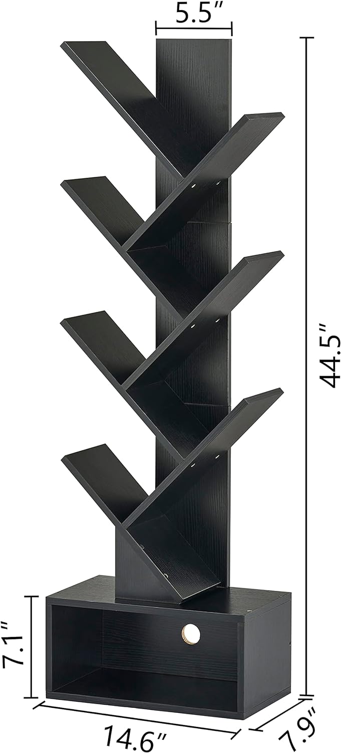 Hoctieon 6 Tier Tree Bookshelf, Tall Bookcase with Drawer, Freestanding Book Shelf, Display Floor Standing Storage Shelf, Book Organizer Shelves for Home Office, Living Room, Bedroom, Black