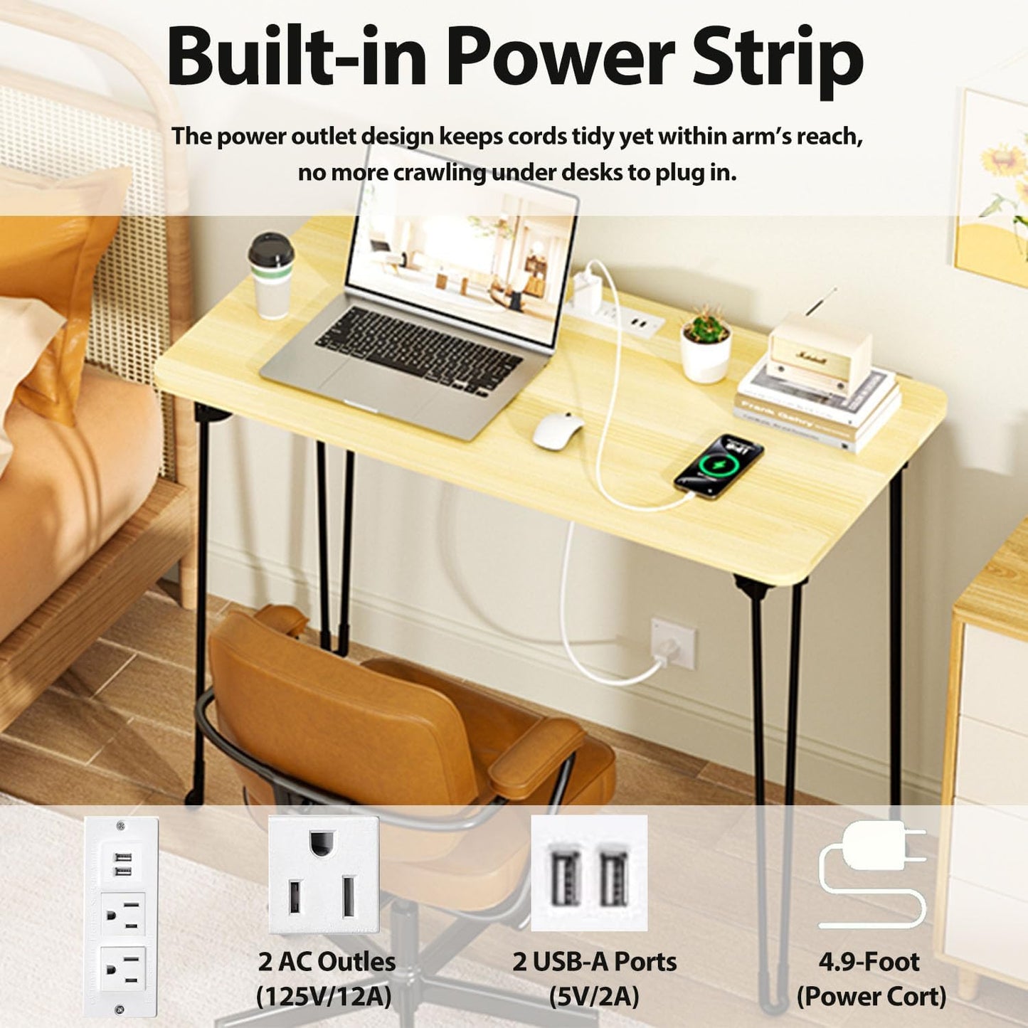 Mini Desk No Assembly Required, 31.5" Small Desk for Bedroom with Power Outlet & Hairpin Legs, 31.5" Foldable Desks for Small Spaces & Home Office, Beige Floor Patten