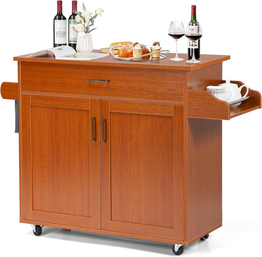 COSTWAY Kitchen Island Cart, Rolling Storage Trolley Cart with Lockable Rubber Wheels, Large Cabinet, Drawer, Spice Rack and Towel Rack, Kitchen Serving Utility, 3-Position Adjustable Shelf (Cherry)