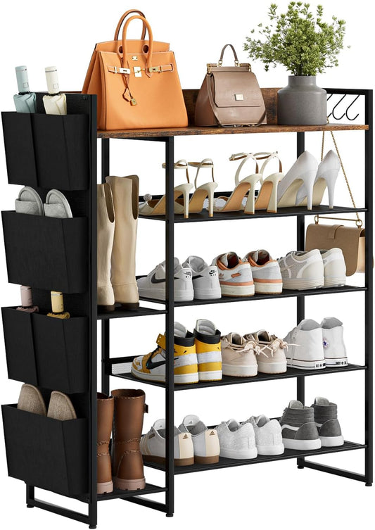 Brown 5-Tier Shoe Organizer - Free Standing Shoe Rack with Storage Bag for High Heels, Entryway, Hallways, Closets, Dormitory Rooms