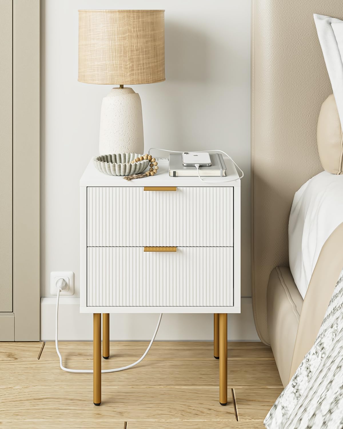 Nightstand,Small Bedside Table with Gold Frame,Morden Night Stand with 2 Drawer,End Table,Side Table with Drawer and Shelf for Bedroom,Living Room (White-2Drawer-Outlet)
