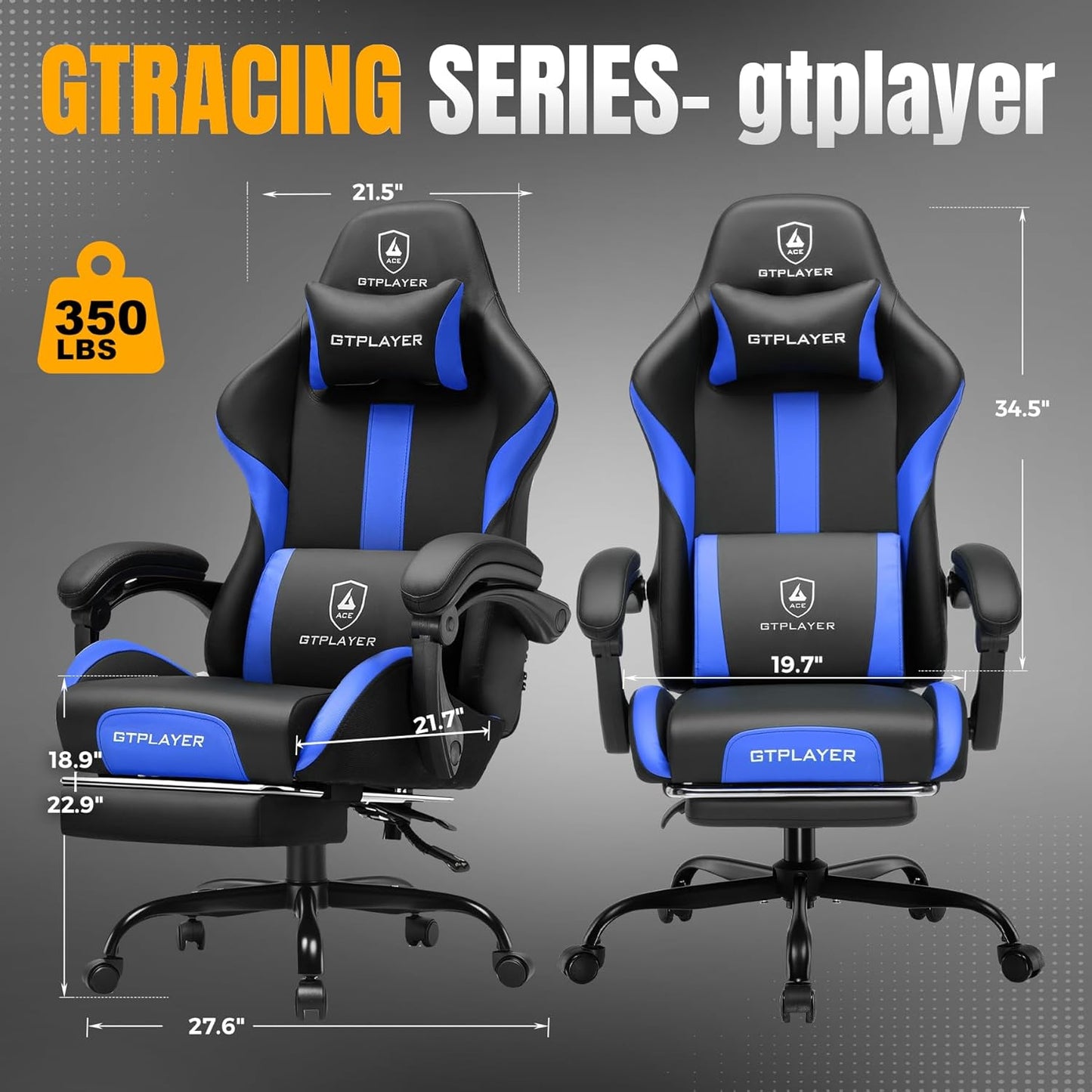 GTRACING Gaming Chair with Foot Rest & Pocket Spring Cushion, Ergonomic High Back Computer Chair with Headrest & 360°-Swivel Seat for Home Office Desk, PU Leather, Blue