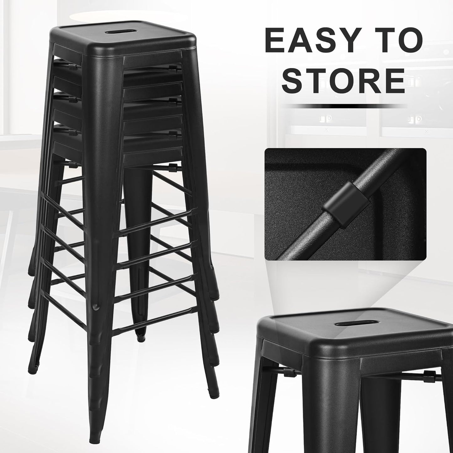 30 Inches Metal Bar Stools, High Backless Stools, Indoor Outdoor Stackable Kitchen Stools, Set of 4, Dark