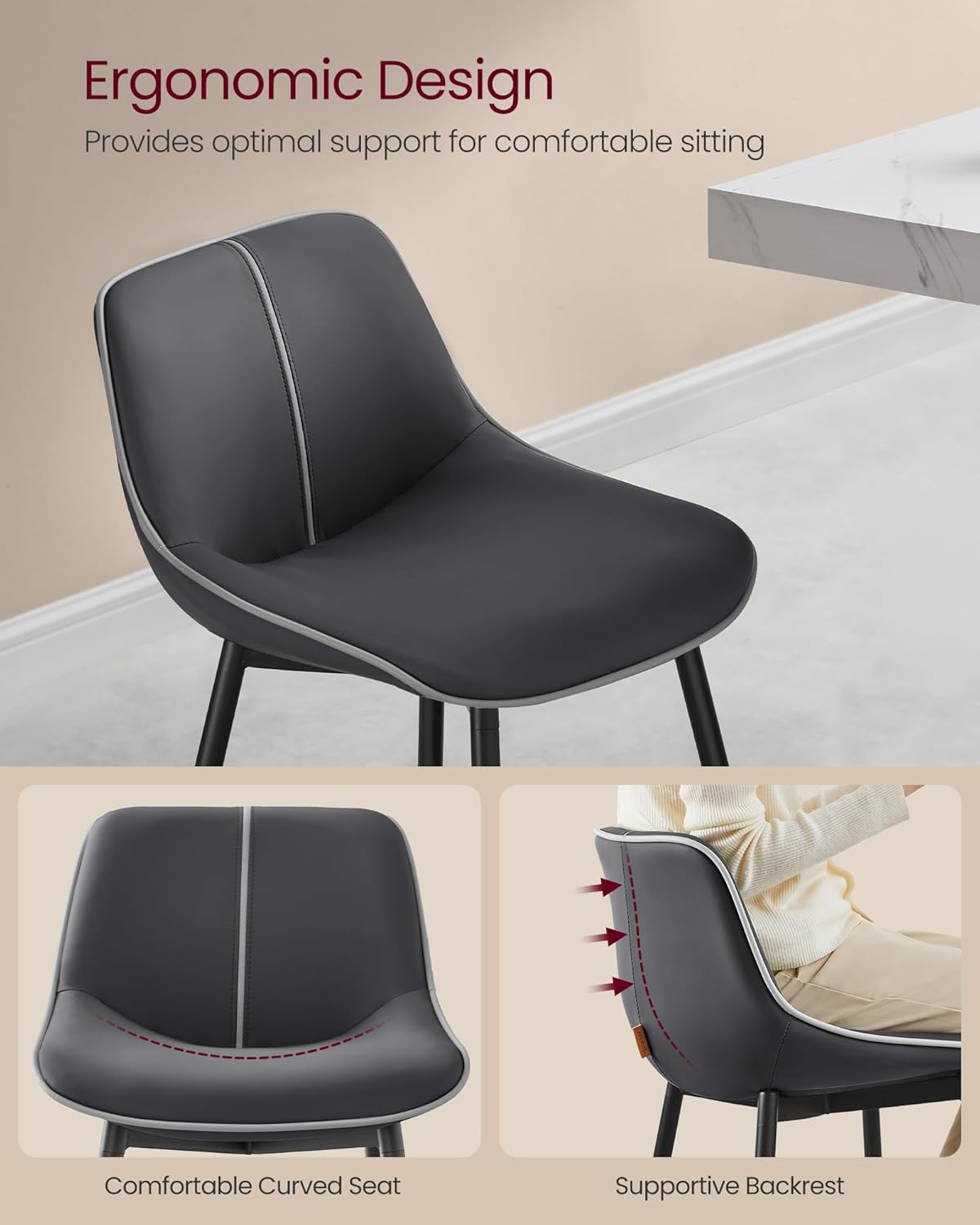 VASAGLE Bar Stools Set of 2, Bar Height Bar Stools with Back, Ergonomic Backrest, Synthetic Leather, Metal Legs, 28.7-Inch Tall Barstools for Kitchen Island Home Bar, Easy Assembly, Ink Black