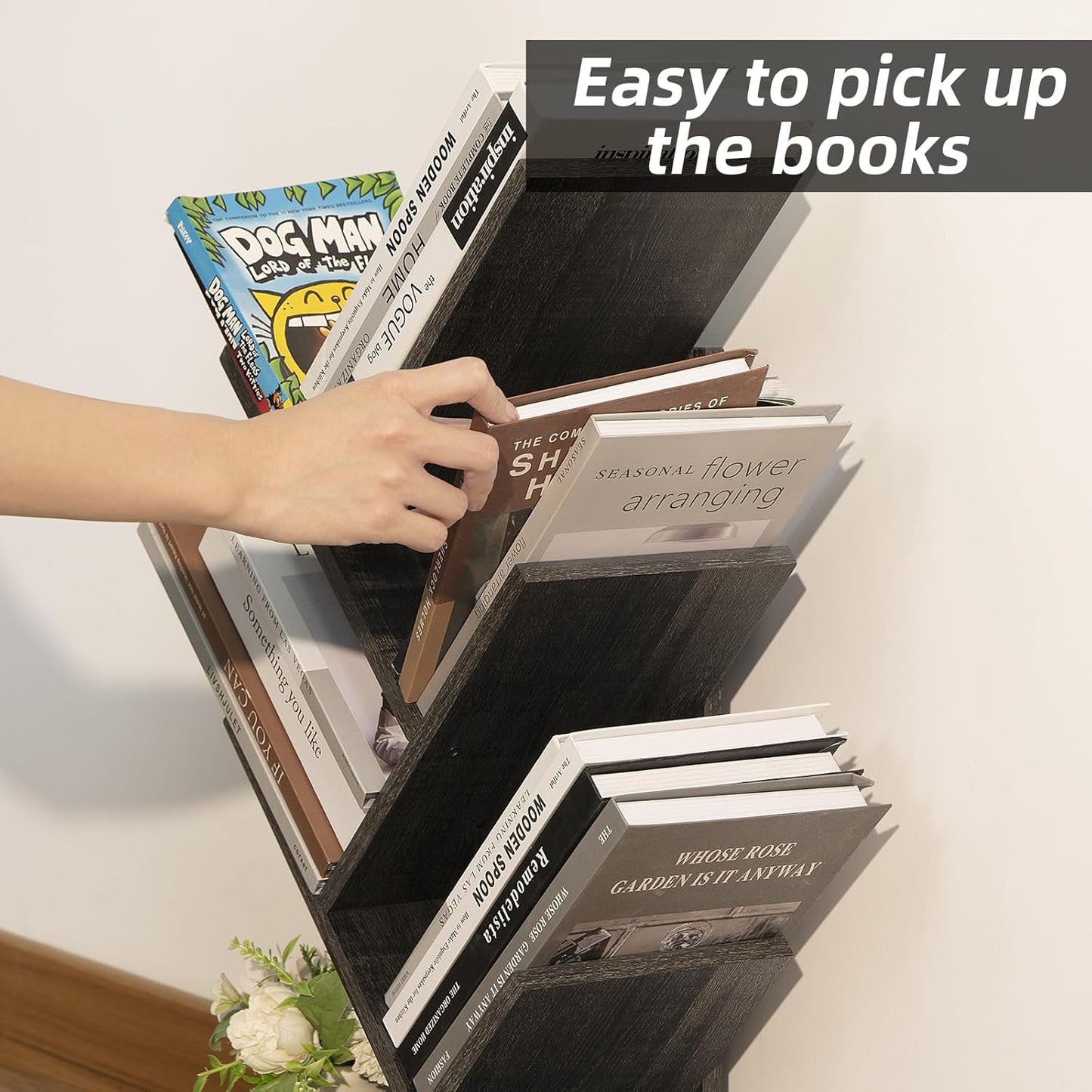 5 Tier Tree Book Shelf, Small Desktop Bookshelf with Storage Organizer, Wood Bookcase, Desk Display Bookshelves, Floor Standing Organizer Bookcases for Living Room,Bedroom,Office-Dark Grey