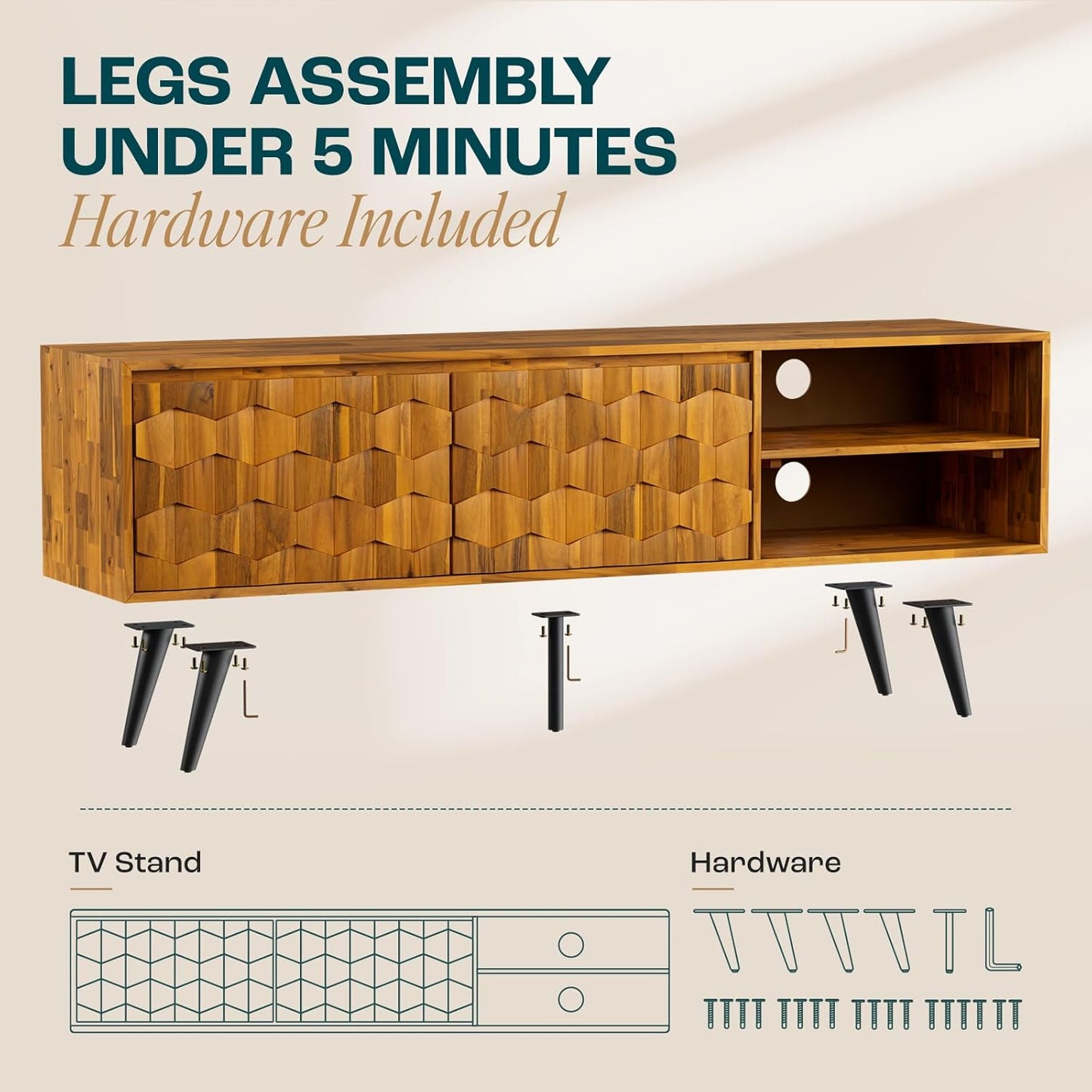 Bme Georgina Solid Wood, 10 Minutes Assembly Entertainment Center with Storage Geometric Pattern Console for Living, Bedroom, Dining Room, TV Stand 65 Inch, Teak Brown