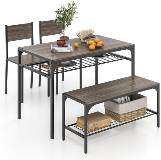 Giantex Dining Table Set for 4, Kitchen Table with Chairs & Bench, Storage Racks, Metal Frame, 4-Piece Space-Saving Dinette Set for Dining Room, Breakfast Nook, Small Space, Apartment, Grey