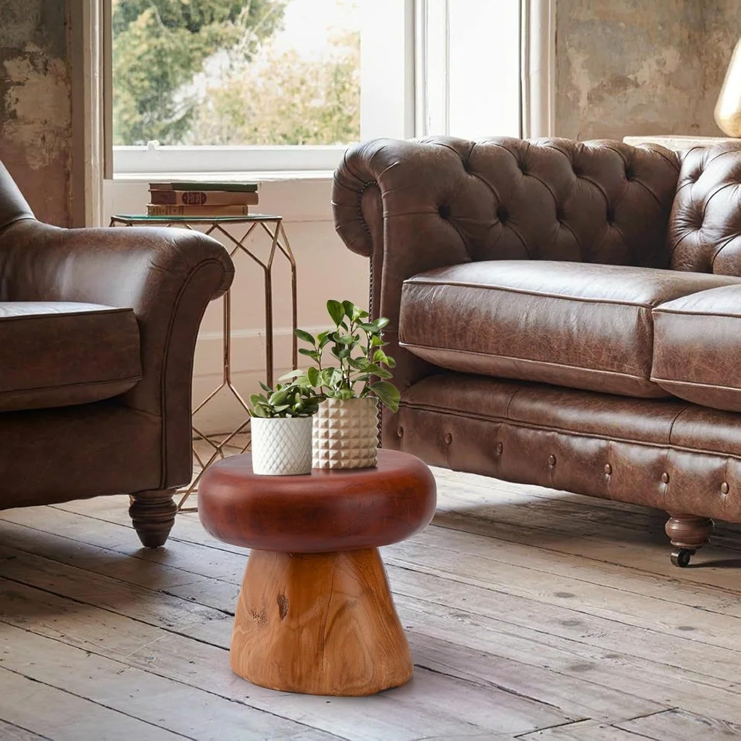 8 Inch Small Mushroom Wood Decoration, Unique Design Live Edge Wood Stool, Freeform Natural Plant Stand for Garden, Yard, Living Room, Bedroom