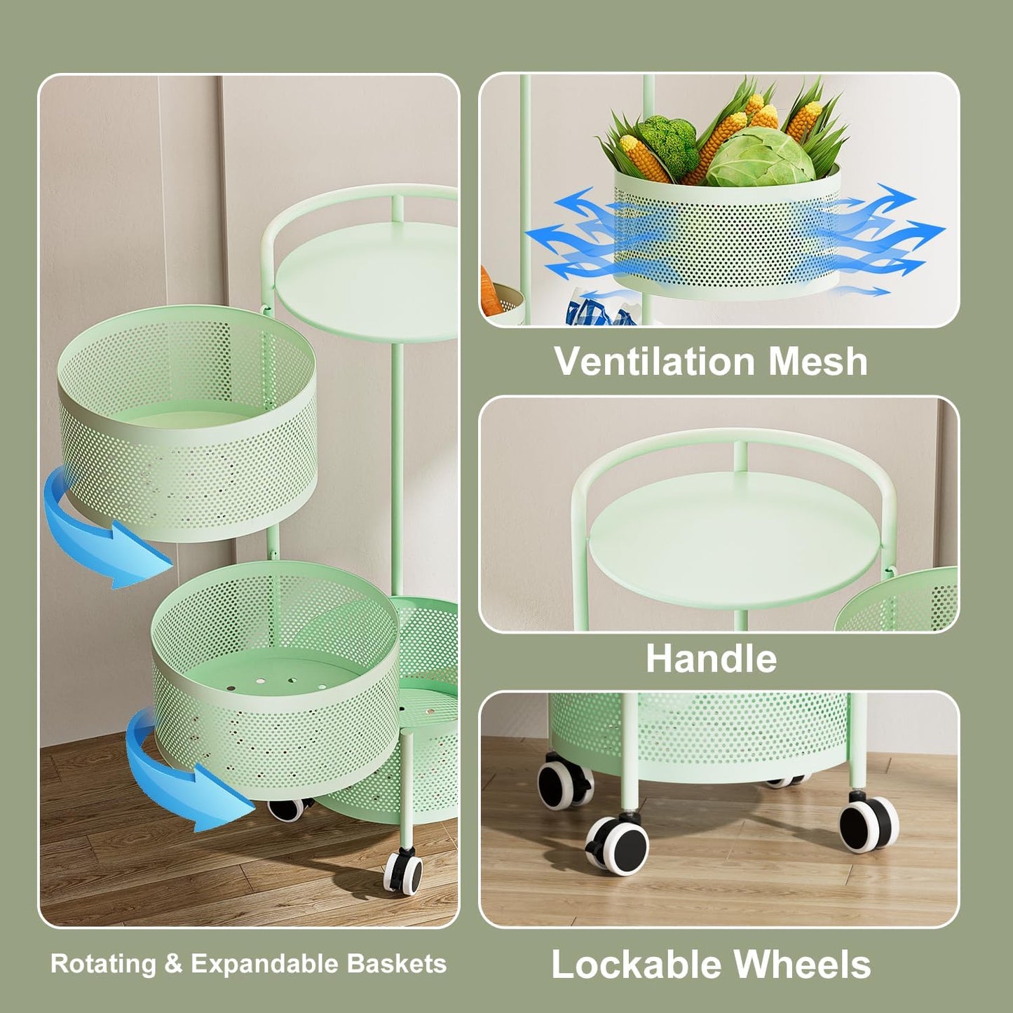 JAQ Kitchen Storage Rack No Assembly, 4-Tier Metal Storage Tower Basket Shelves Organizer on Rolling Wheels with Removal Drawers for Fruit Vegetable Grocery Corns Potato Onion (4-Tier, Green)