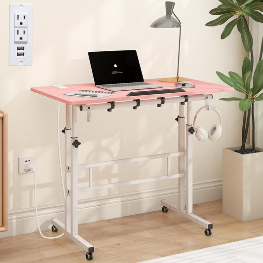 SIDUCAL Mobile Stand Up Desk with USB Ports and Outlets, Adjustable Laptop Desk on Wheels, Home Office Workstation, Rolling Laptop Cart for Standing or Sitting, 31.5" x 23.6"Pink