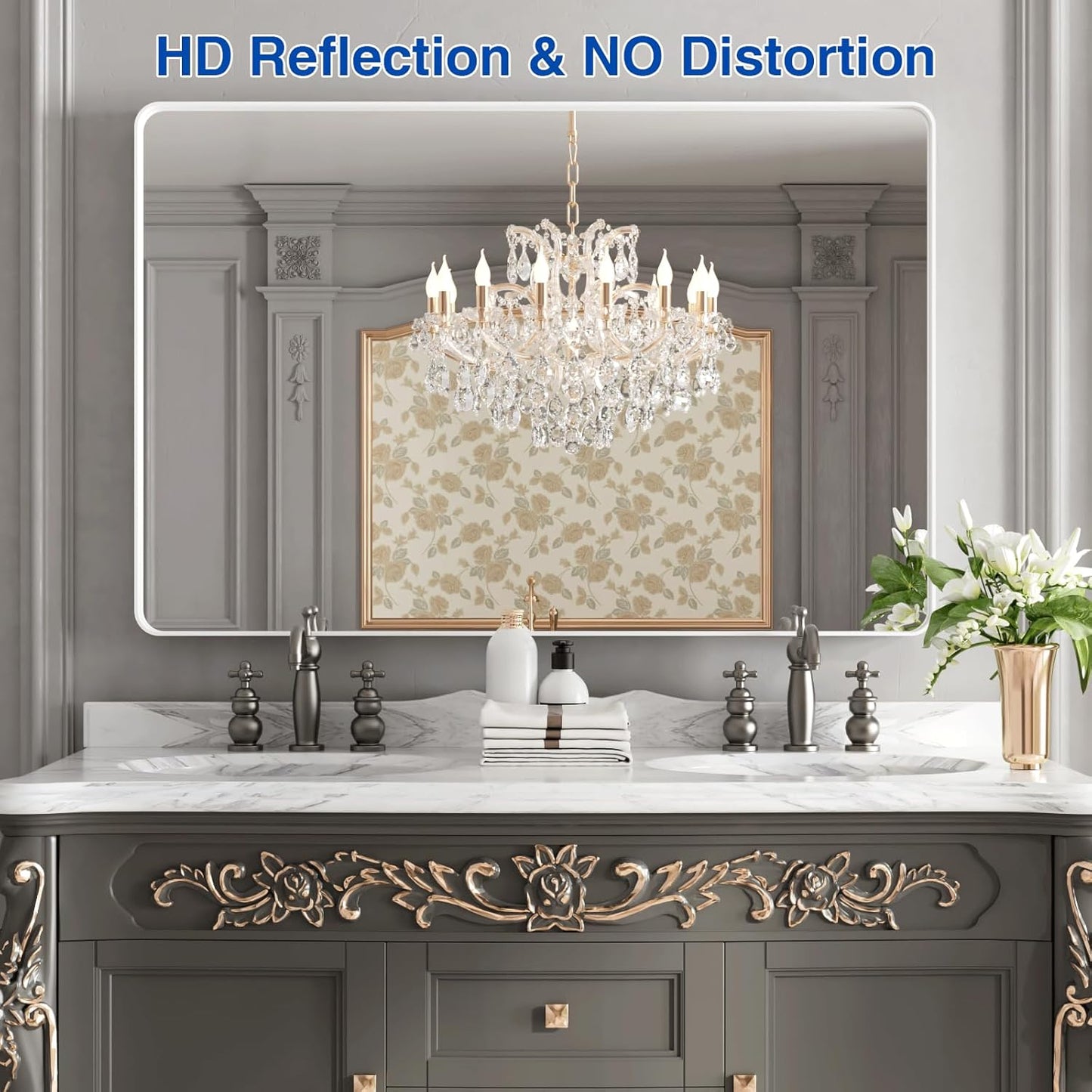 WEER White Bathroom Mirror 48X32 Inch, Rounded Rectangle White Metal Frame Mirror, Matte White Bathroom Vanity Mirror with Tempered Glass, Anti-Rust, Hangs Horizontally or Vertically