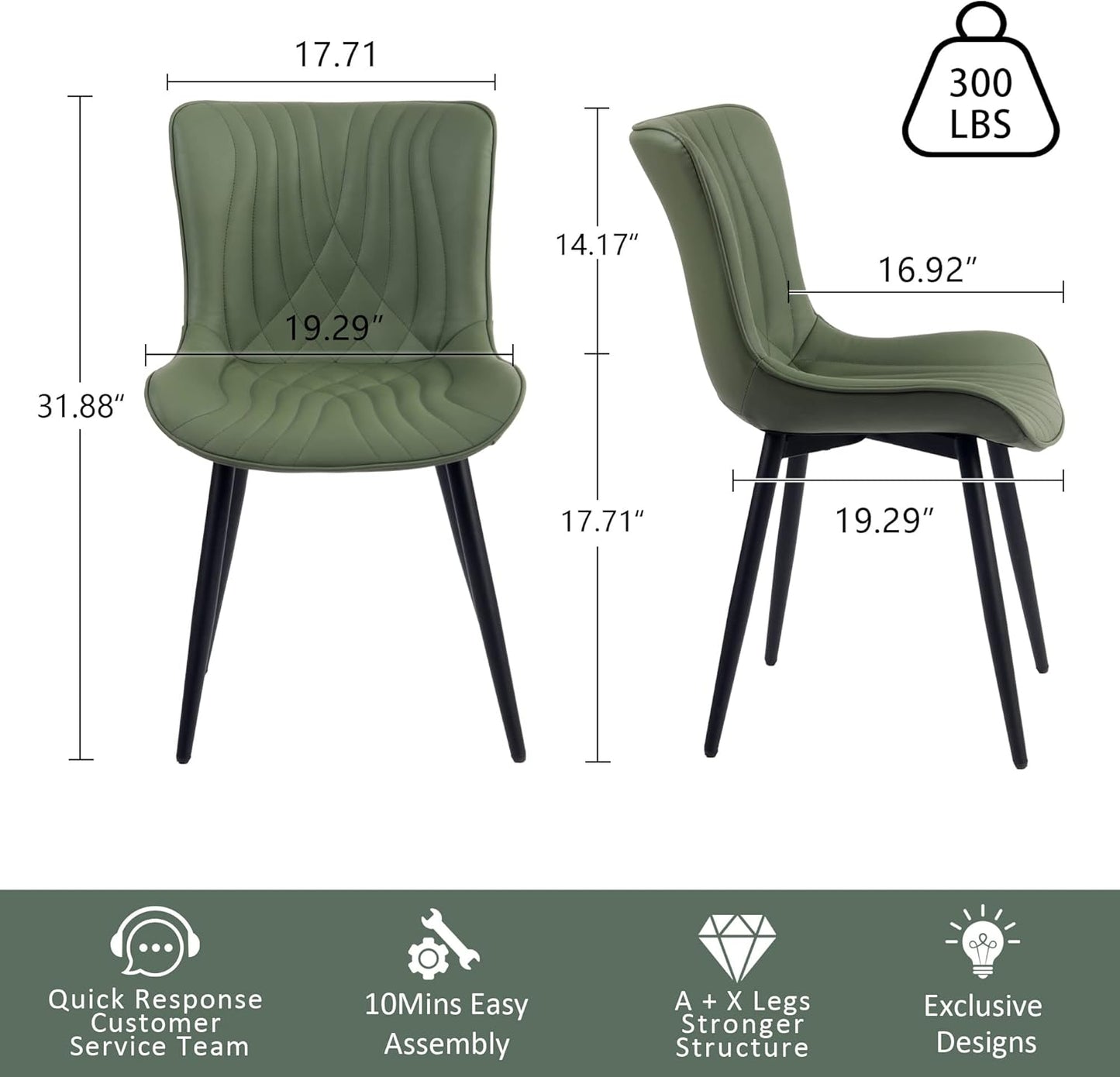 YOUTASTE Dining Chairs Set of 2 Upholstered Mid Century Modern Kitchen & Dining Room Chairs Armless Faux Leather Accent Chair with Padded Back Metal Legs for Bedroom Vanity Lounge, Olive Green