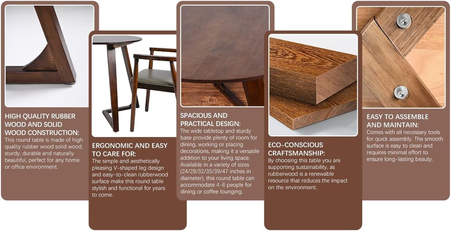 Round Rubber Solid Wood Dining Table - Mid Century Modern Style with V-Shaped Wooden Frame Base, Multi-Functional as Meeting/Coffee/Leisure Table,Space Saving Design,24”