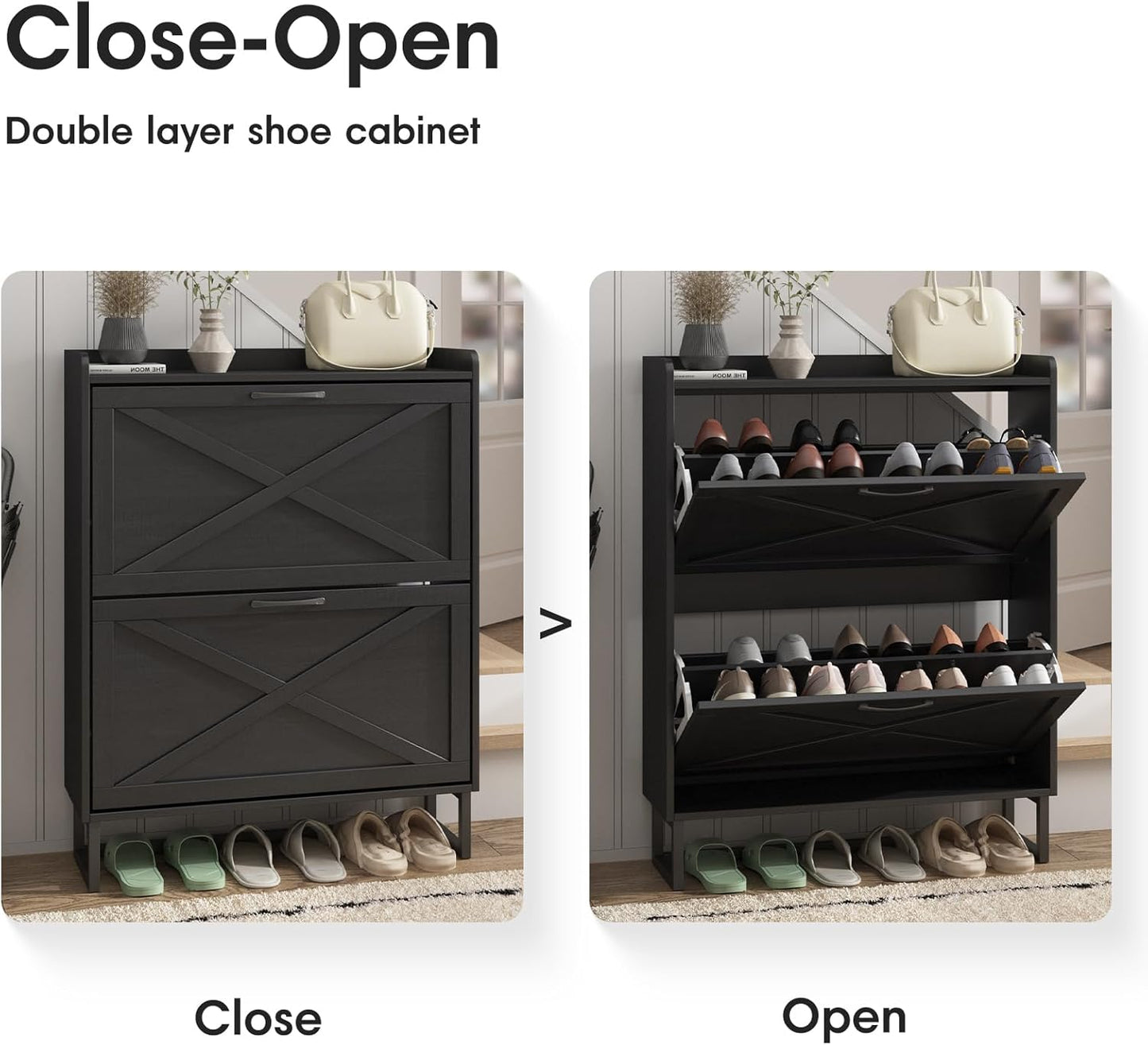 Maupvit Shoe Storage Cabinet with 2 Flip Drawers, Freestanding Organizer with Metal Legs for Entryway, Narrow Shoe Rack Cabinet, Black