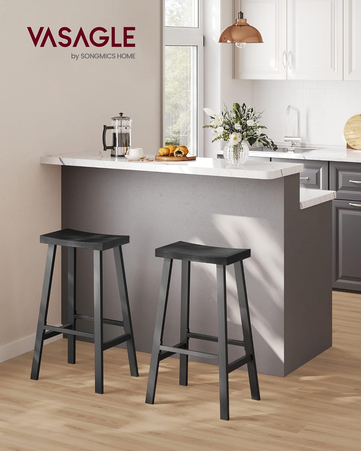 VASAGLE Bar Stools Set of 2, Counter Height Stools, Bar Chairs with Footrest, 29.1 Inches Tall Kitchen Breakfast Stools, Industrial, Living Room Party Room, Black ULBC094B56