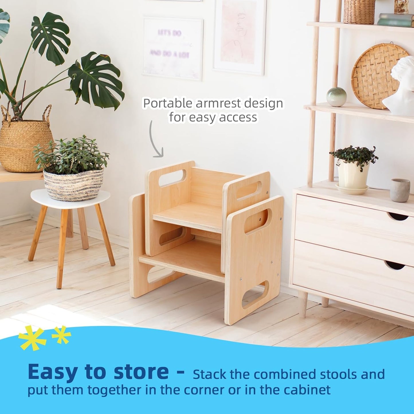 OOOK Montessori Weaning Table and Chair Set, Kids Activity Table and Chair Set with Fence for Read, Play Toys, Snack Time, Step Stool, 1-3 Year Old Kids Montessori Furniture