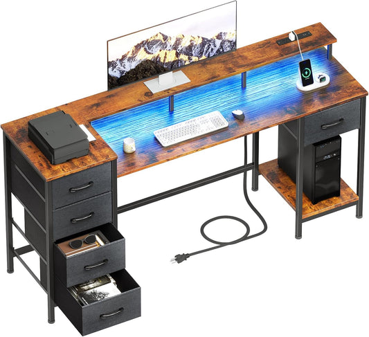 55 Inch Computer Gaming Desk with Power Outlets LED Lights, Reversible Home Office with Adjustable Fabric Storage Drawers for Working Writing Study, Rustic Brown