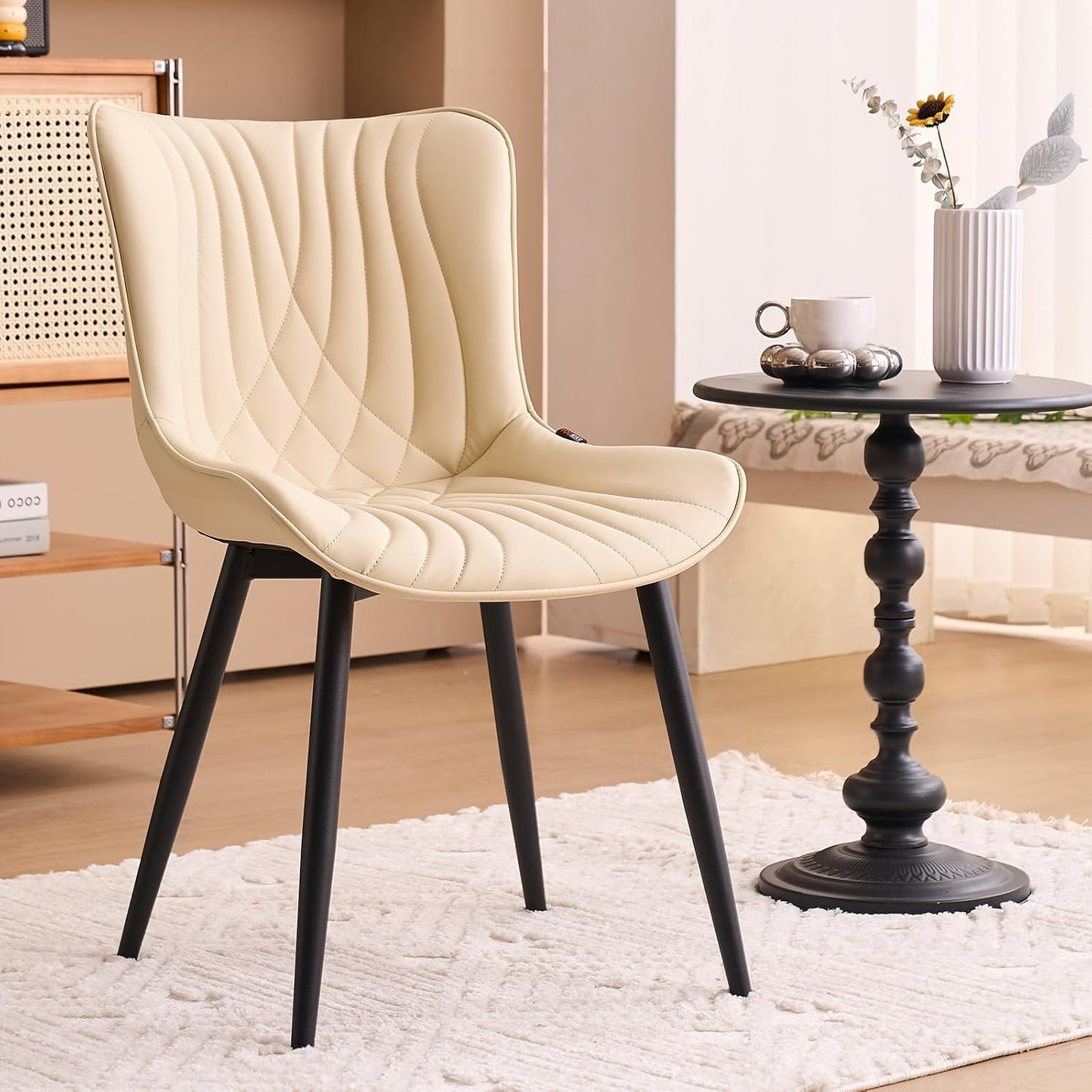 YOUTASTE Dining Chairs Set of 2 Upholstered Mid Century Modern Kitchen Dining Room Chairs Armless Faux Leather Accent Chairs Metal Vanity Lounge Chair with Back for Living Room Bedrooms,Beige