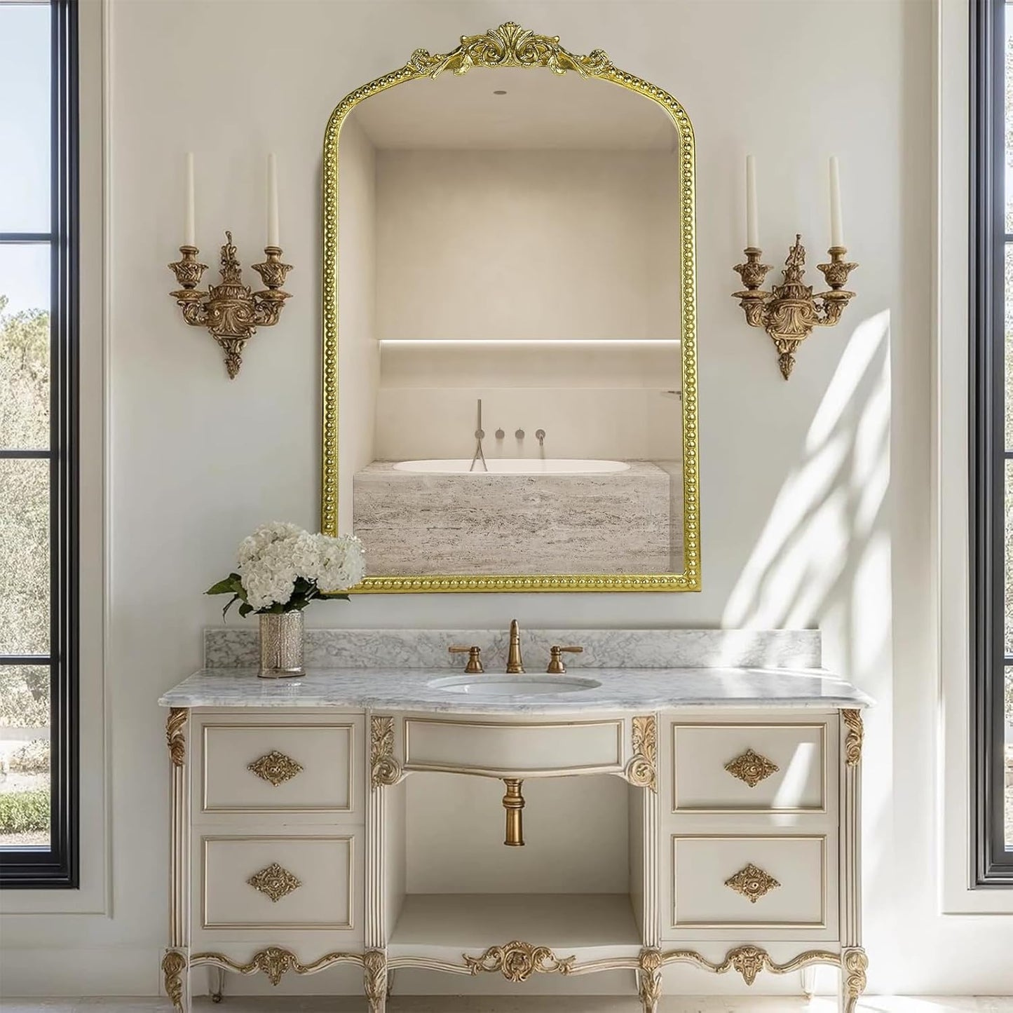 Gold Vintage Mirror, Arched Antique Mirror with Ornate Frame for Bathroom Wall, Living Room, Fireplace, 39.5x26 Inch.