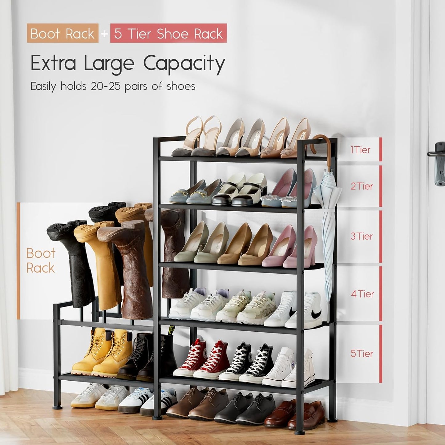 Shoe Rack Organizer and Storage - 5 Tier Metal+Non-woven Fabric Shoe Rack with Boot Storage & Side Any Combination - Space Saving Shoe Shelf for Entryway, Bedroom, Garage, Small Spaces