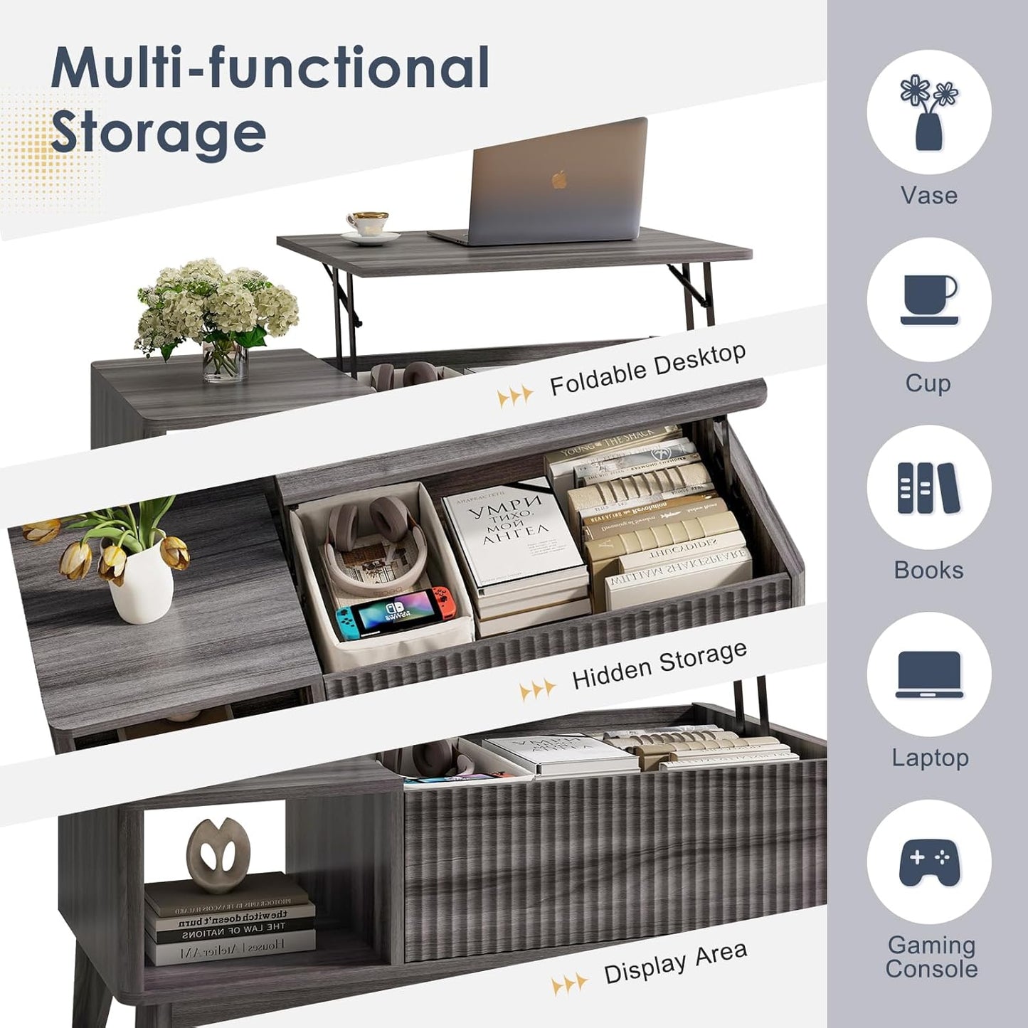 LYNCOHOME Fluted Lift Top Coffee Table with Storage,Modern Center Table for Living Room, Home Office（Grey）