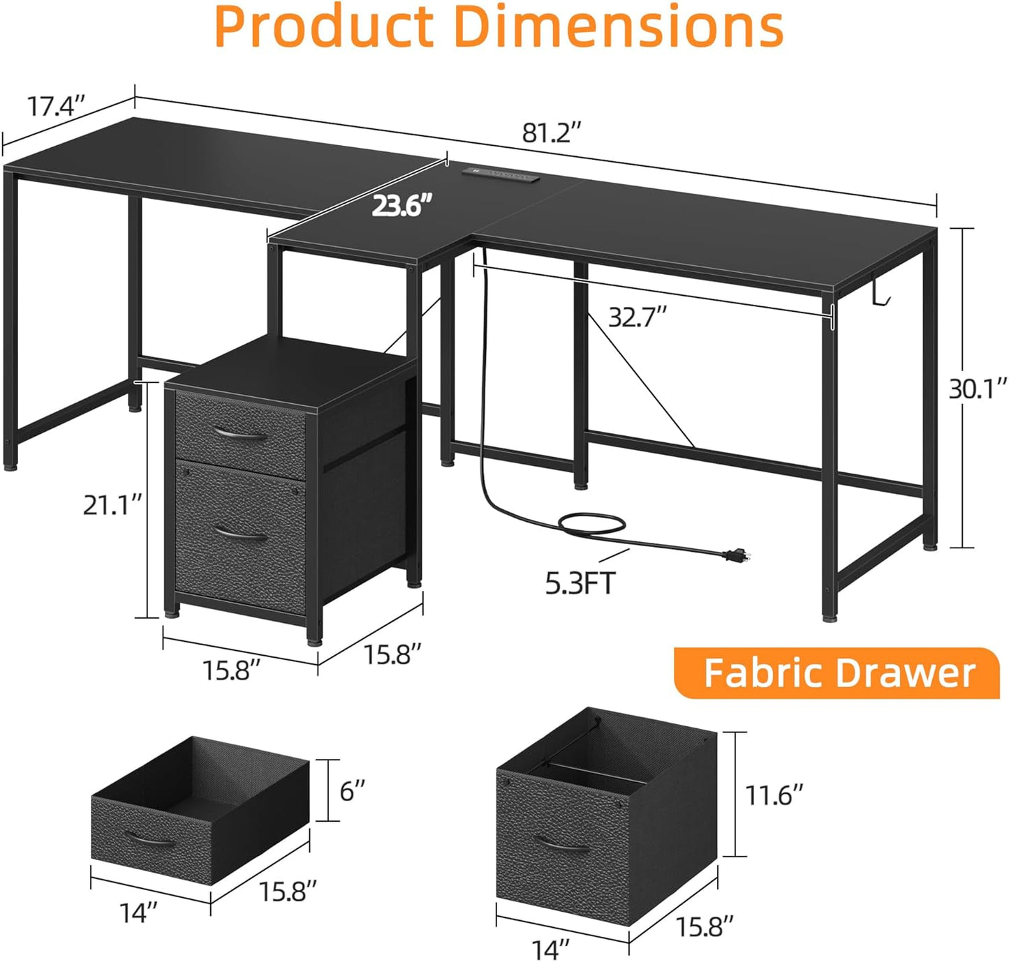 T-Shaped 2 Person Desk with Power Outlet, Long Two Person Gaming Table with LED & Fabric Drawers, 81.2'' Computer Desks with File Cabinet, Double Workstation for Home Office, Black