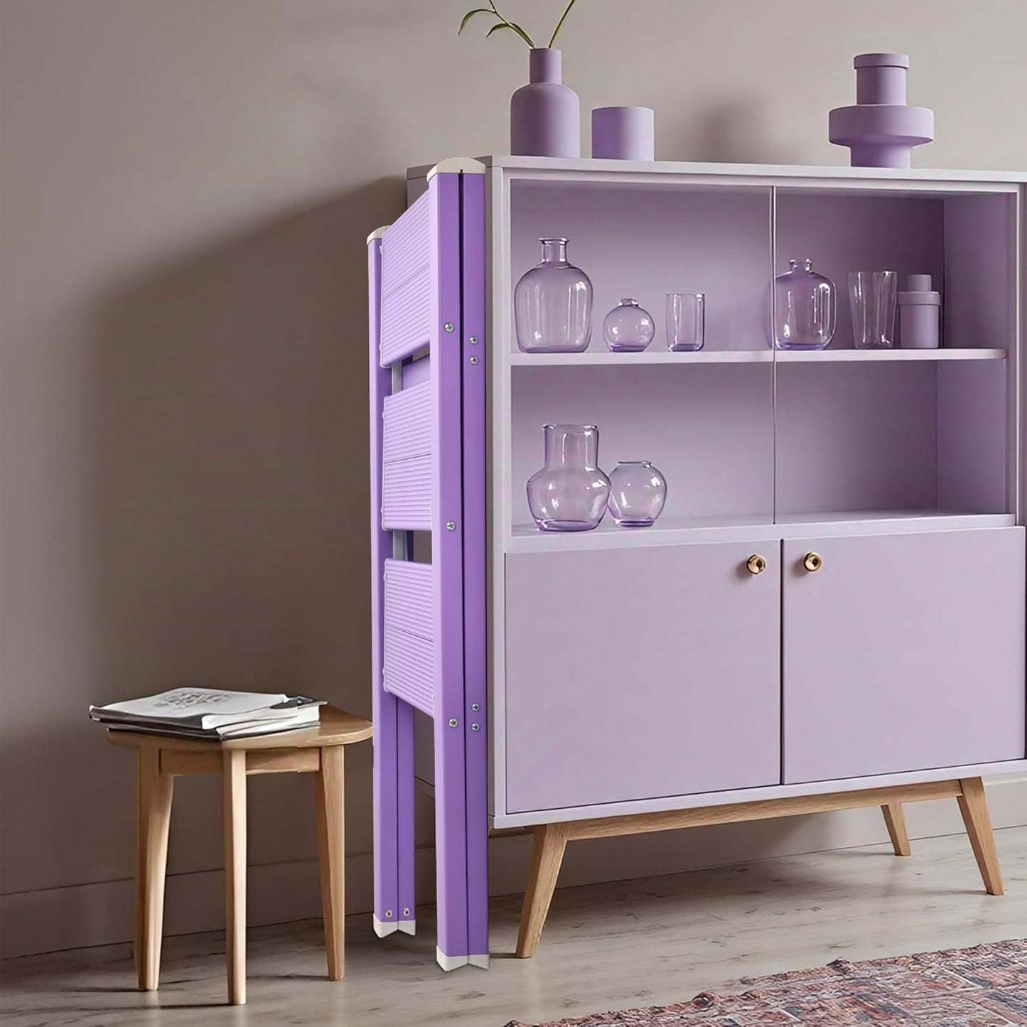 3 Step Lightweight Folding Ladder for Home, 330lbs Aluminum Step Ladder Anti-Slip for Kitchen, Step Stool Foldable Adults for Closet, 330lbs - Purple