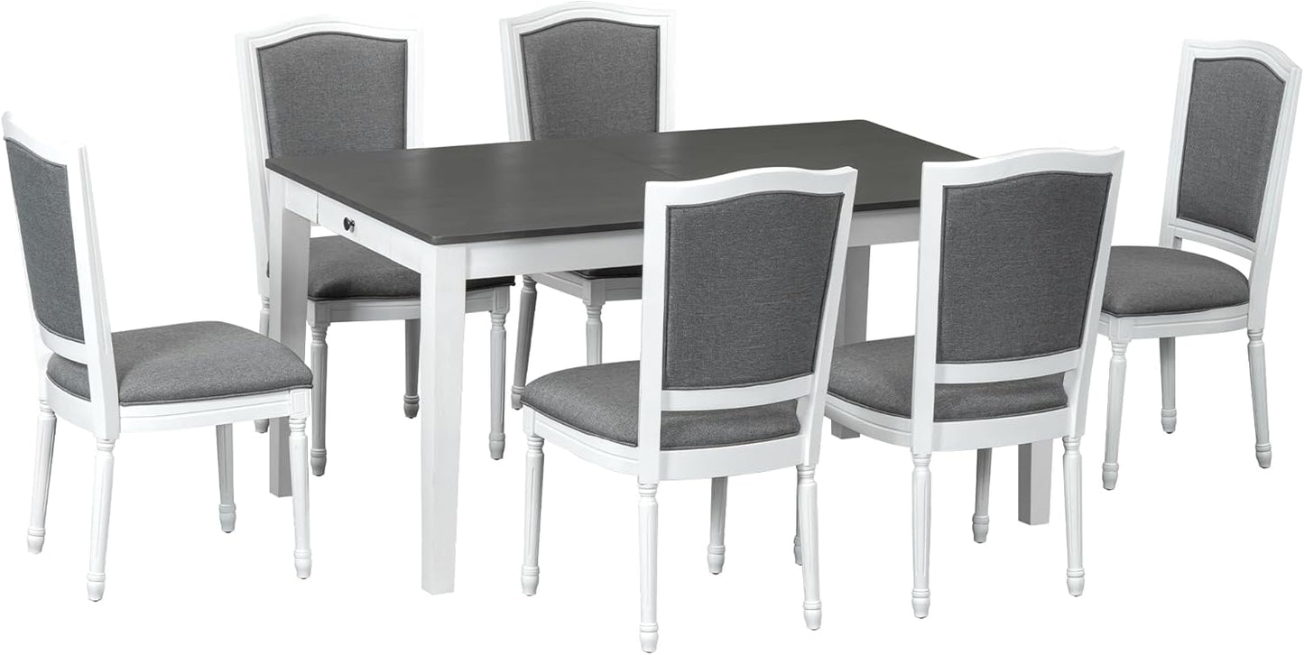 Merax Rustic 7 Piece 78.1inch Extendable Dining Table Set with 18inch Removable Leaf, 6 Upholstered Dining Chairs, 2 Built-in Drawers, Dark Gray+White