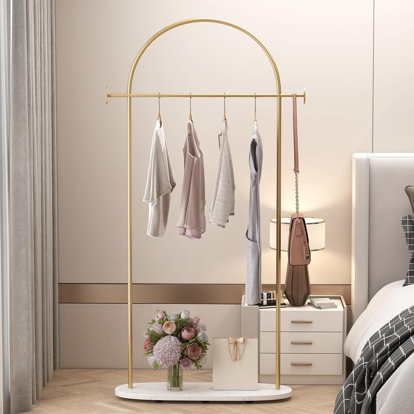 Gold Clothing Rack, Modern Clothes Rack with Shelf, Heavy Duty Freestanding Coat Rack, Metal Coat Hanger Stand with Hooks for Boutique Office