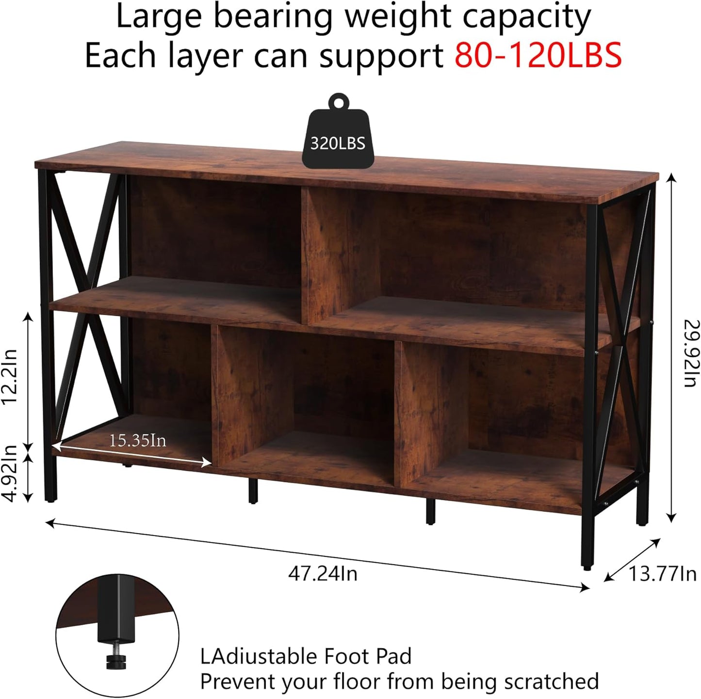 5 Cube Storage Organizer Shelf,Industrial Horizontal Bookshelf,Short Wide Cubby Bookcase,Low Large Book Shelf Metal Storage Organizer Open Shelf for Bedroom Living Room,Home,Office,47 in(Brown,5 Cube)