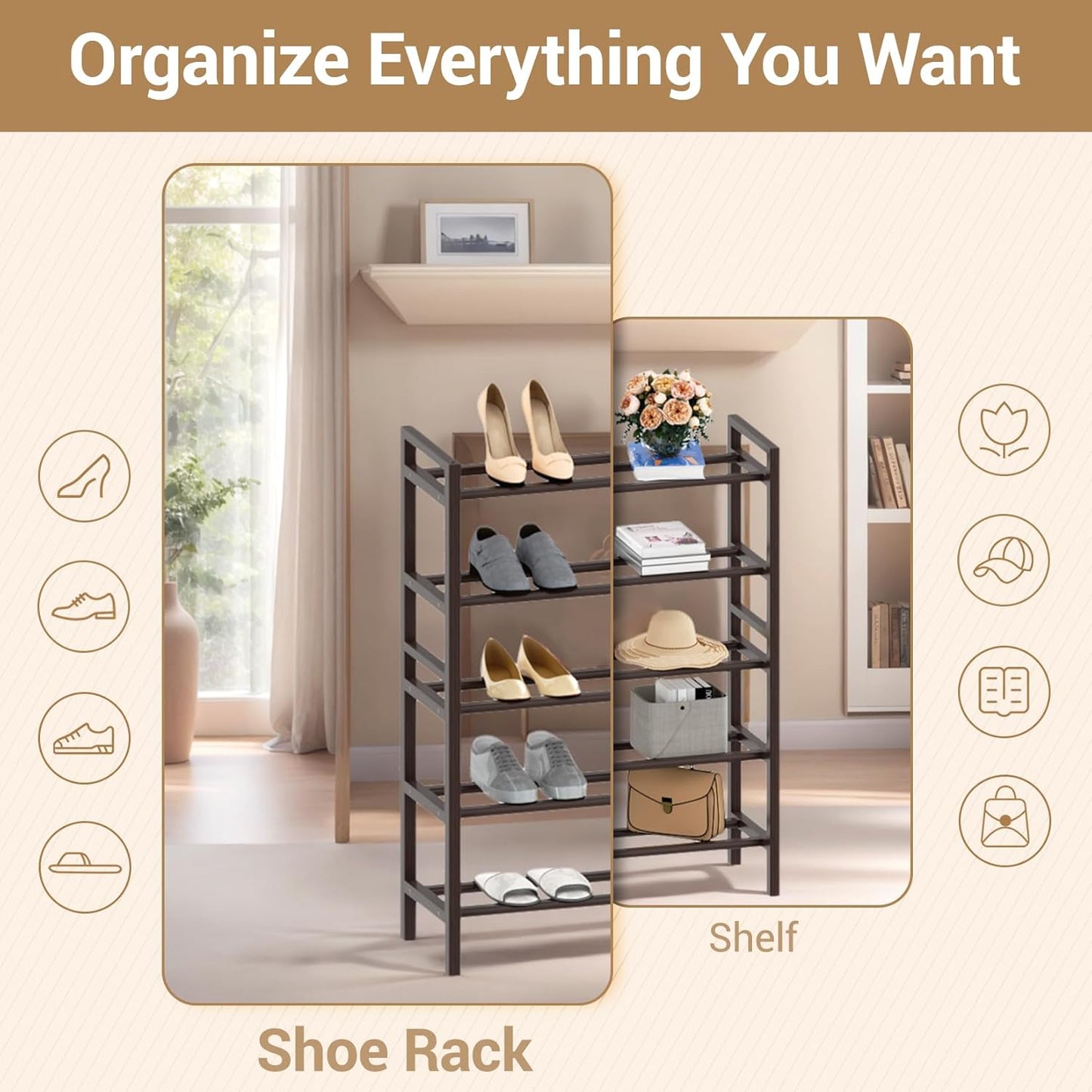 Haddockway Bamboo Shoe Rack for Closet, Free Standing Shoe Organizer with Smooth Round Rods & Convenient Handles, Stackable Shoe Storage Shelf for Entryway, Hallway(Brown, 5-Tier(Small))