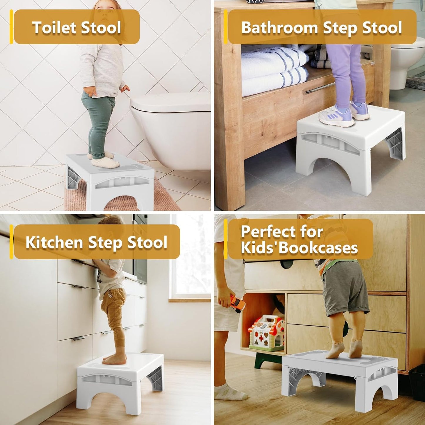 Folding Step Stool for Adults Kids, Heavy Duty Non-Slip Foldable Stepping Stool with 400-LBS Capacity, Safety Collapsible Foot Step Stool for Bathroom Bedroom Kitchen, Bed Steps for High Beds, White