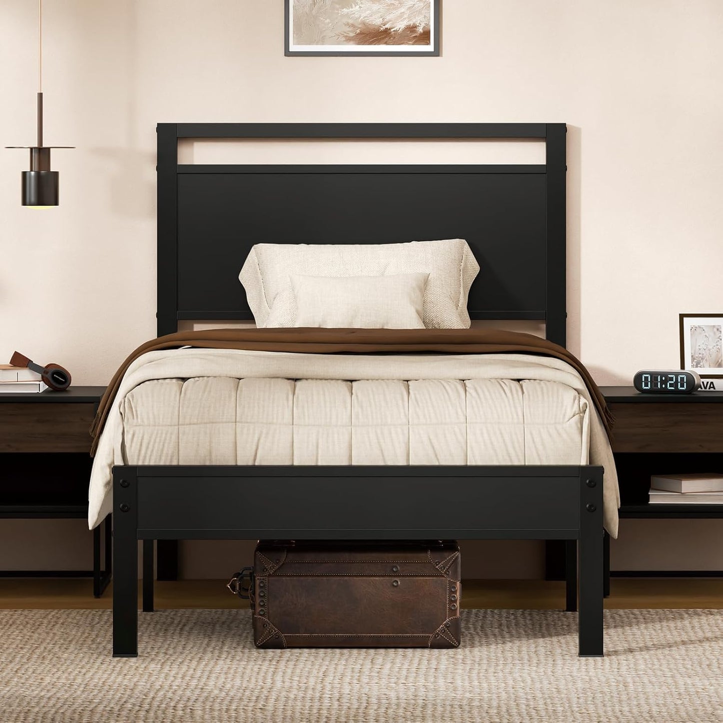 Z-hom Upgraded Twin Bed Frames, Heavy Duty Metal Sturdy Bed Frame Twin Size with Modern Wood Headboard & Footboard, Stable Platform Bed Furniture Bed Storage, No Noise, No Box Springs, Black