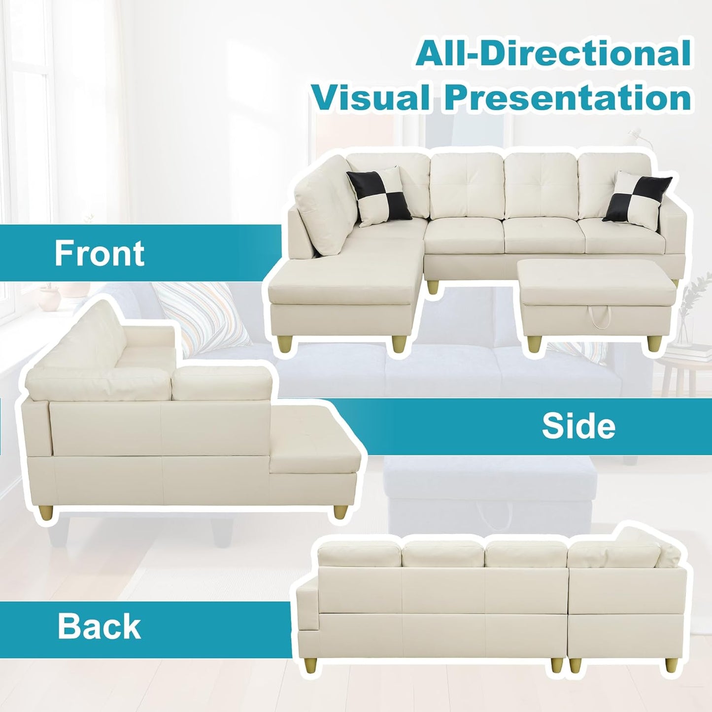 L Shaped Couch Faux Leather Sectional Couch Upholstered 3 Pieces Sofas for Living Room with Chaise, Storage Ottoman for Office and Small Apartment, White