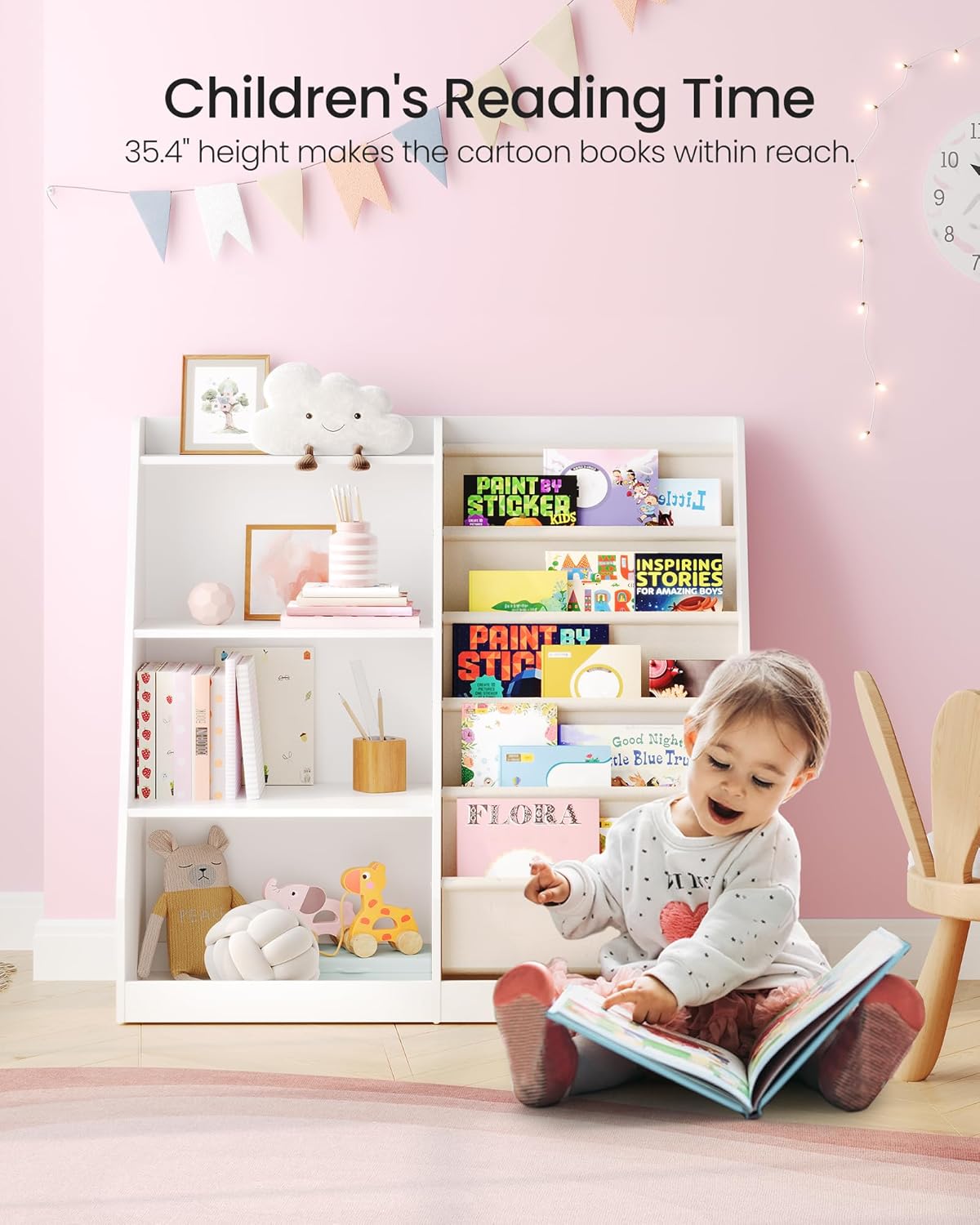 35.4" Kids Bookshelf and Toy Storage, 6 Layer Fabric Toddler Bookshelf, Kids Toy Storage Organizer, Sling Kids Bookcase, for Playroom, Bedroom, Nursery, Classroom, White MCW05WT
