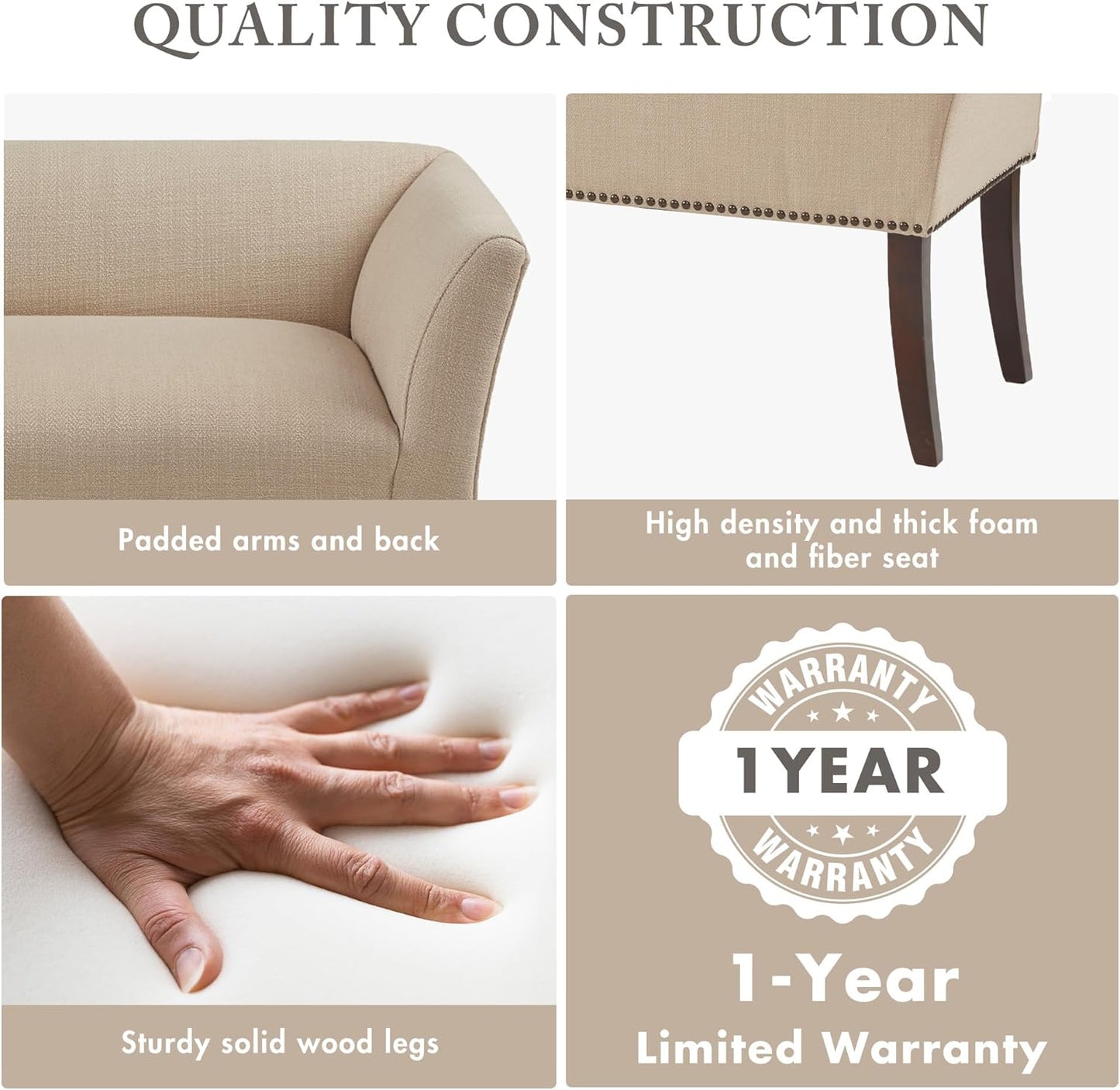 Madison Park Accent Bench, Upholstered with Nailhead Trim, & Padded Seat Entryway Bench Small, End of Bed Bench with Back, 49.5" W x 19.25" D x 23" H, Tan