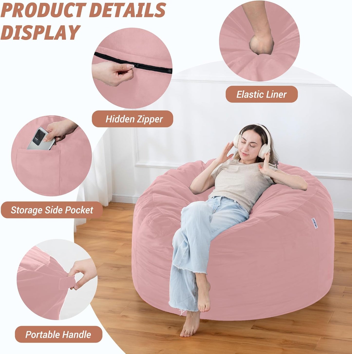 4FT Bean Bag Chair with Ultra Soft Velvet Cover Bean Bag Sofa with Memory Foam Bean Bag Chairs with Large Size Lazy Sofa for Dorm Office Living Room Bedroom Light Pink 4'