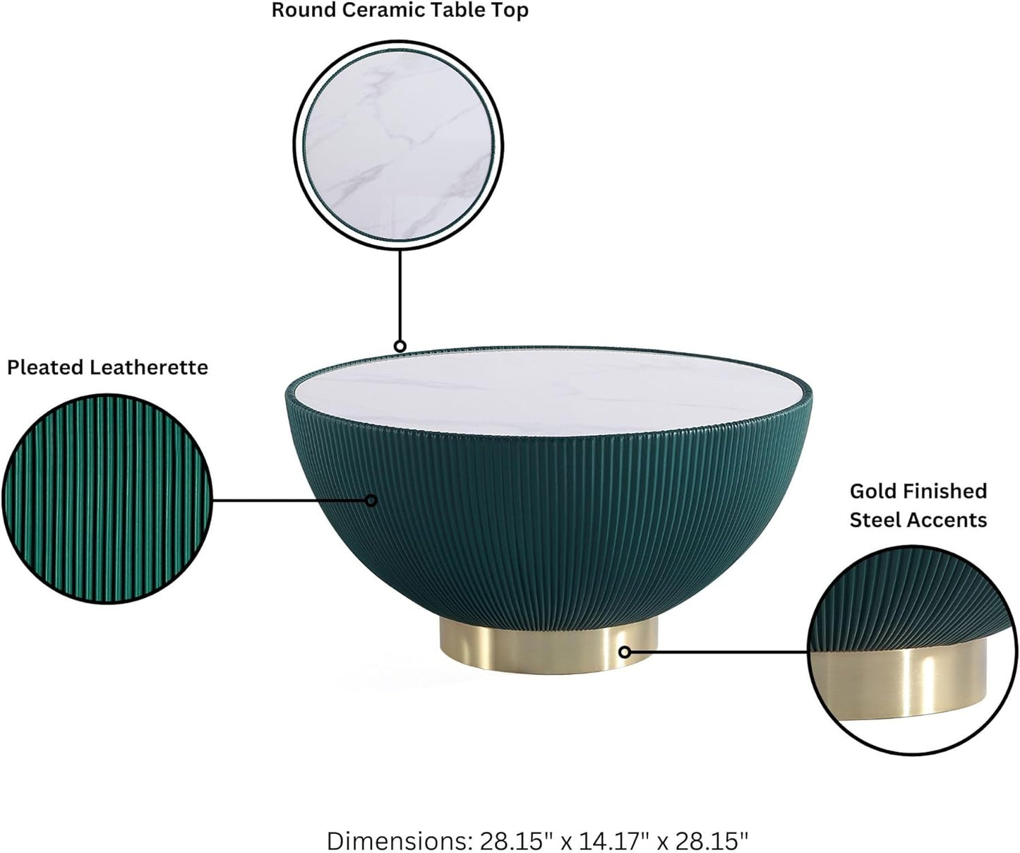 Manhattan Comfort Anderson Modern 28.15" Round Coffee Table 2.0 - Ceramic Marble Tabletop, Elegant Pleated Leatherette Details & Gold Base, Fully Assembled Accent Furniture, Set of 1, Green